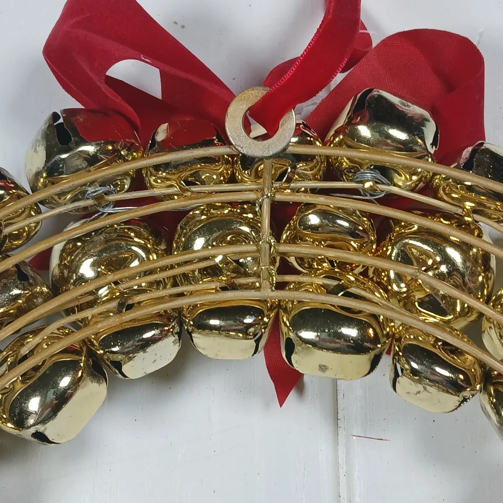 Holiday Christmas Large Jingle Bell Wreath 12”Gold Metal  Hanging Indoor Outdoor